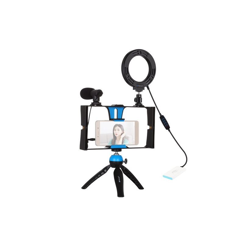 Blogerio rinkinys su LED žiedine lempa, stovu, telefono laikikliu ir mikrofonu