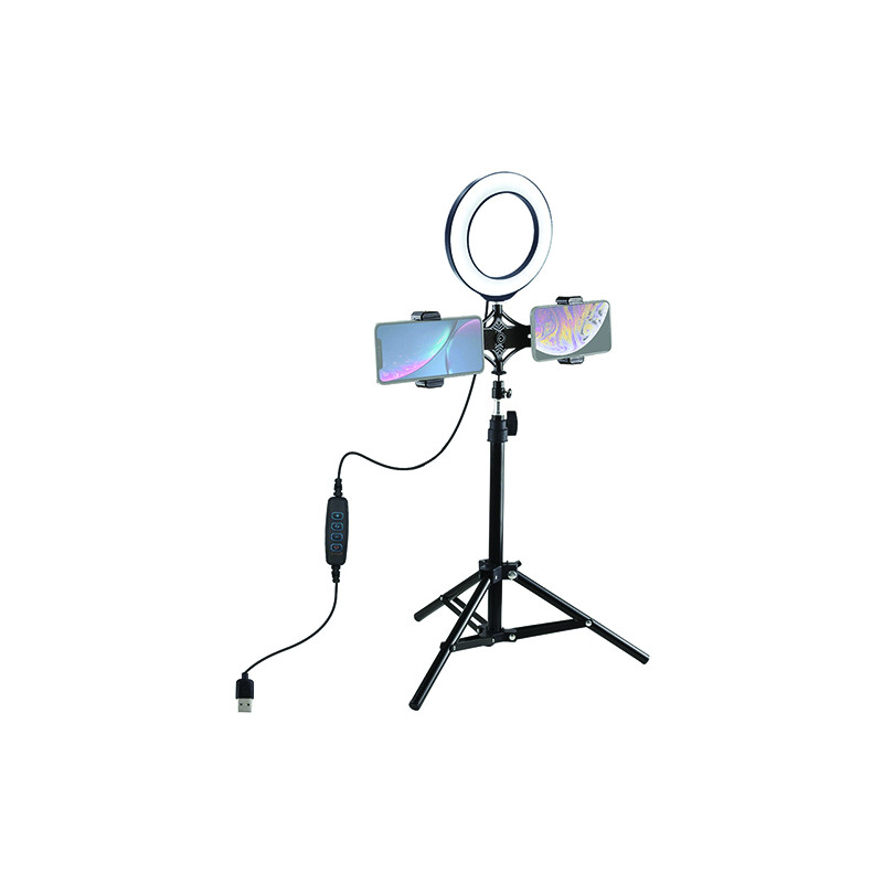 LED žiedinė lempa 16cm, su trikoju stovu iki 70cm ir dvigubu telefono laikikliu, USB