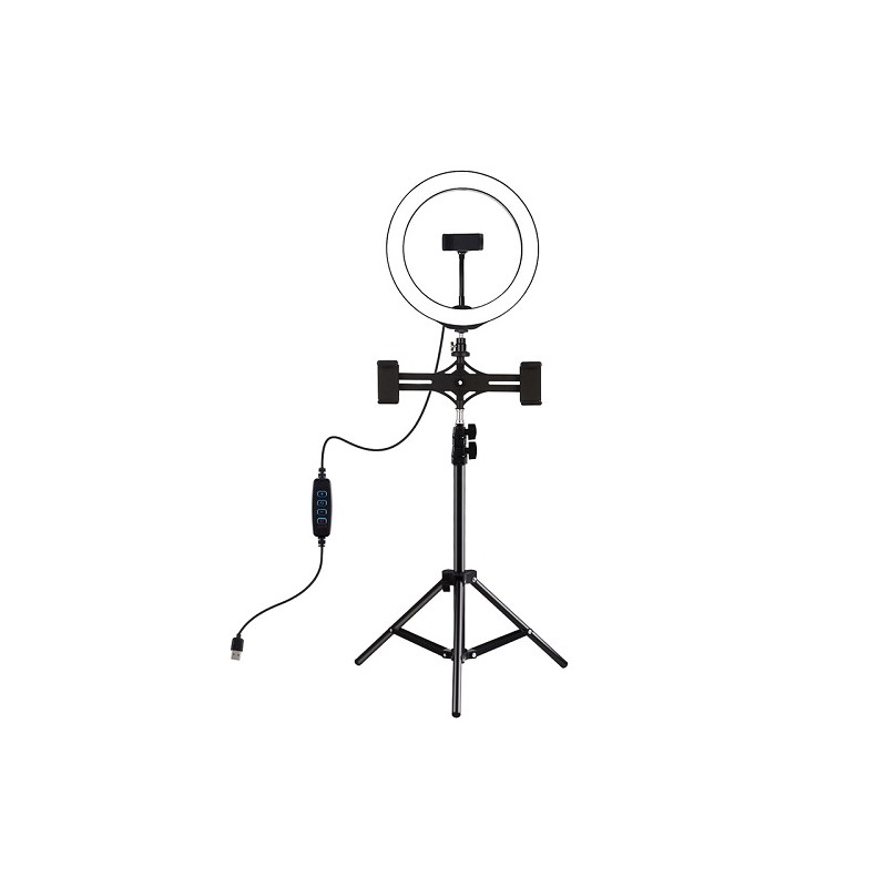 LED žiedinė lempa 26cm, su trikoju stovu iki 1.1m ir 3 telefono laikikliais, USB