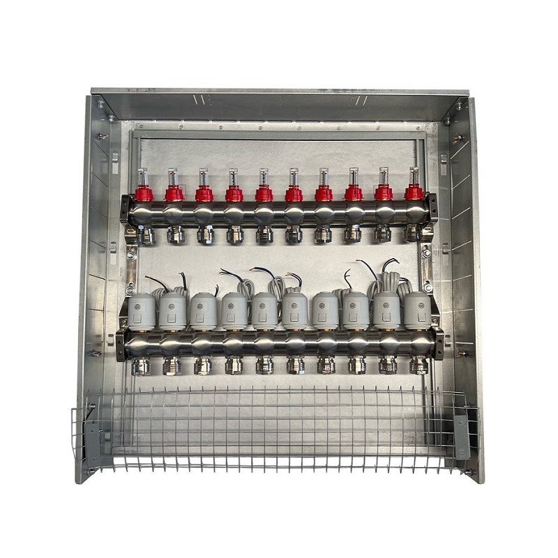 Grindinio šildymo kolektorius 10 kontūrų su terminėmis pavaromis NC AC230V ir debitomačiais