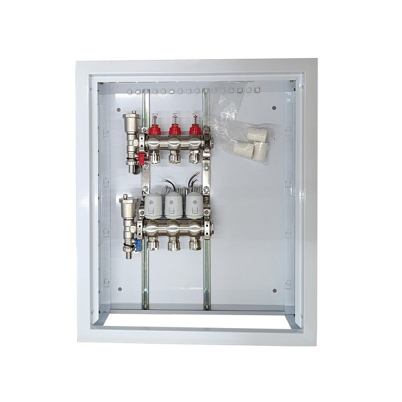 Grindinio šildymo kolektorius 3 kontūrų su terminėmis pavaromis NC AC230V ir debitomačiais