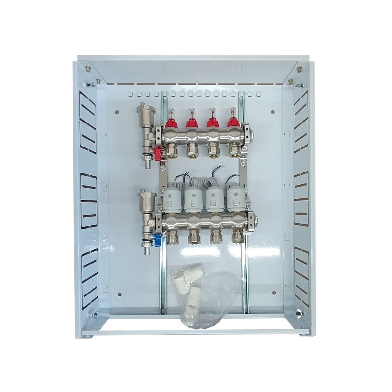 Grindinio šildymo kolektorius 4 kontūrų su terminėmis pavaromis NC AC230V ir debitomačiais
