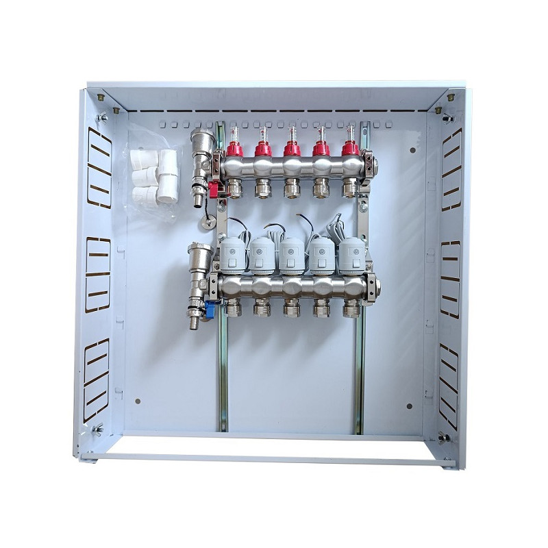 Grindinio šildymo kolektorius 5 kontūrų su terminėmis pavaromis NC AC230V ir debitomačiais