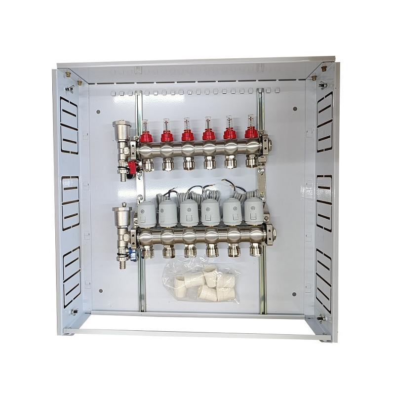 Grindinio šildymo kolektorius 6 kontūrų su terminėmis pavaromis NC AC230V ir debitomačiais