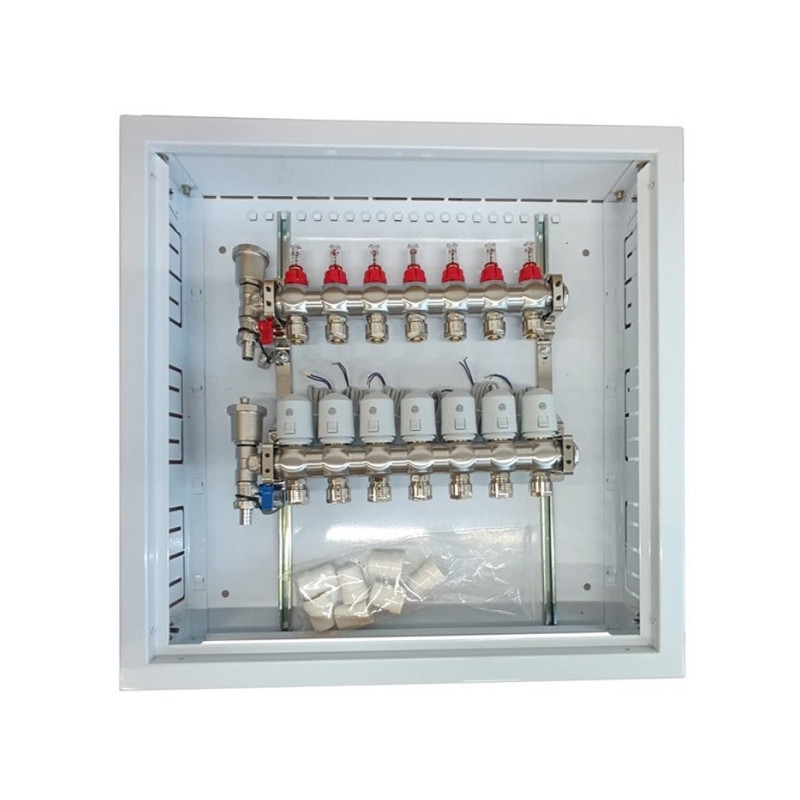 Grindinio šildymo kolektorius 7 kontūrų su terminėmis pavaromis NC AC230V ir debitomačiais