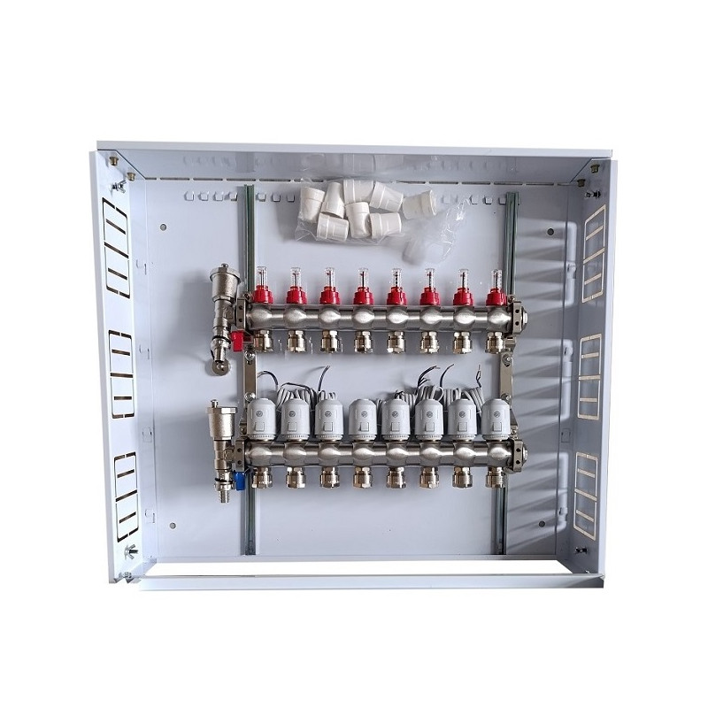 Grindinio šildymo kolektorius 8 kontūrų su terminėmis pavaromis NC AC230V ir debitomačiais