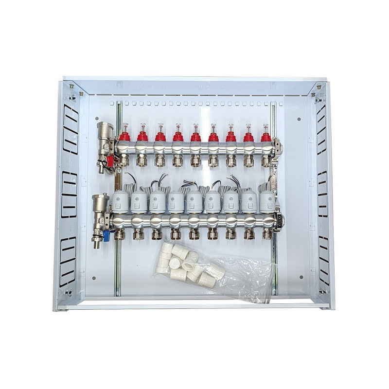 Grindinio šildymo kolektorius 9 kontūrų su terminėmis pavaromis NC AC230V ir debitomačiais