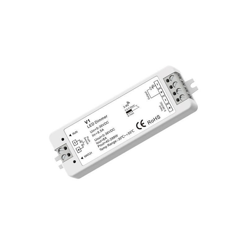 V1 nuolatinės įtampos valdiklis 5-36V, 1x 8A, Push-Dimm