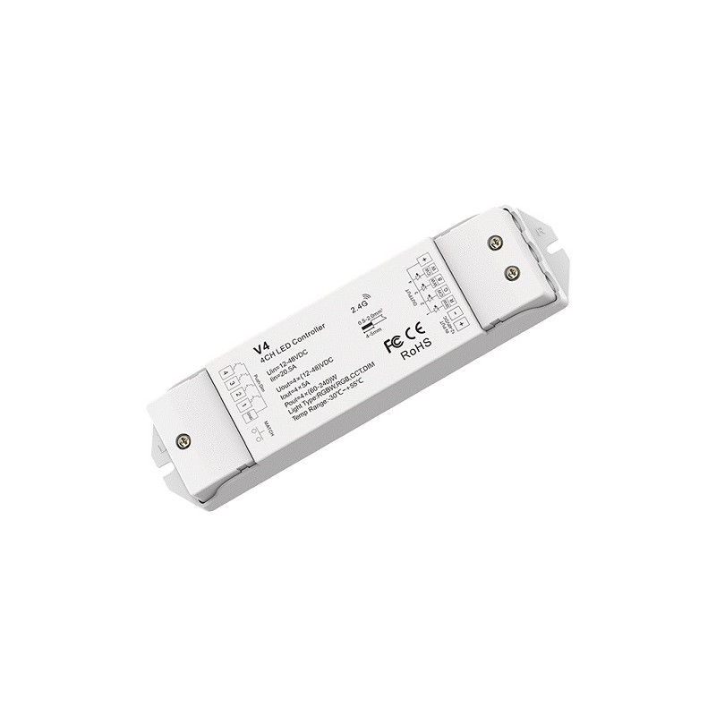 V4 nuolatinės įtampos RGB/RGBW/CCT valdiklis 12-48V, 4x5A, + Push DIM
