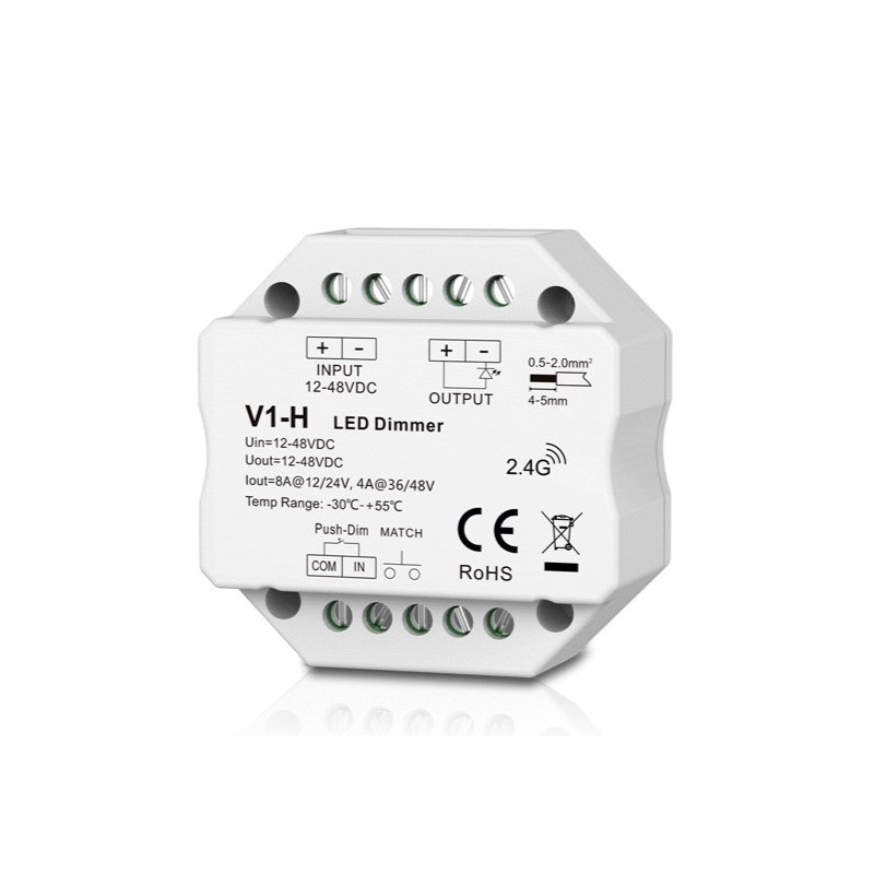 V1-H nuolatinės įtampos valdiklis 12-48V, 1x 8A, Push-Dimm