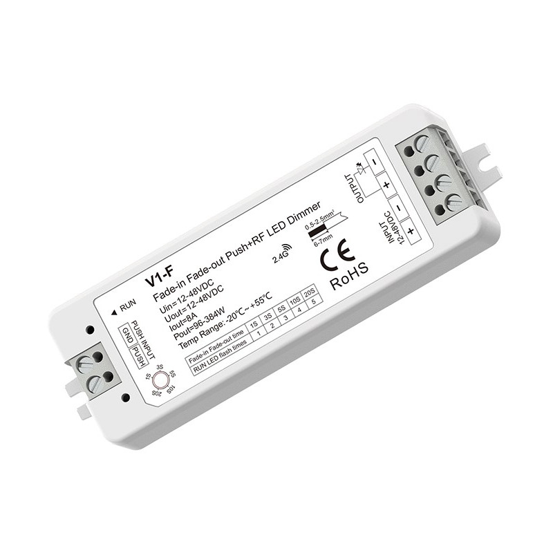 V1-F nuolatinės įtampos valdiklis, 12-48V, 1x 8A, Push-Dimm