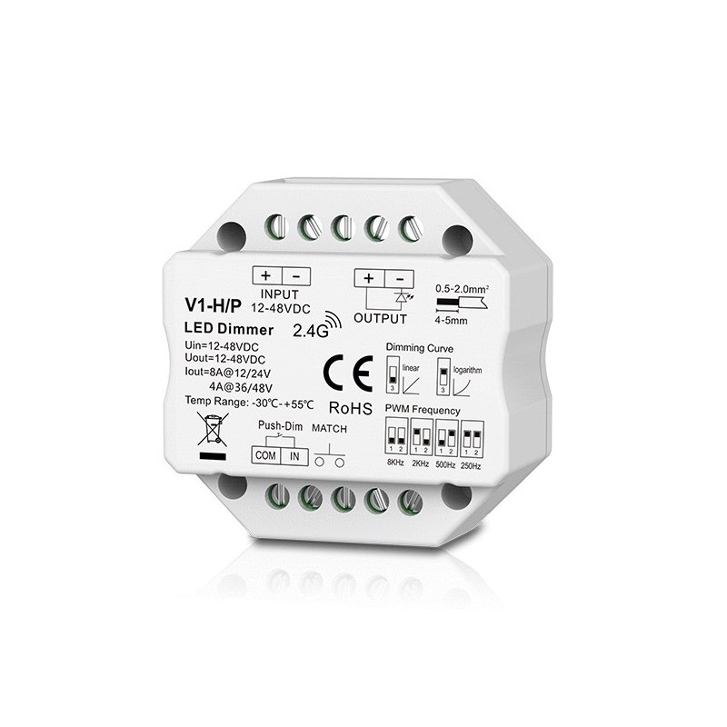 V1-H/P nuolatinės įtampos valdiklis, 12-48V, 1x 8A, Push-Dimm