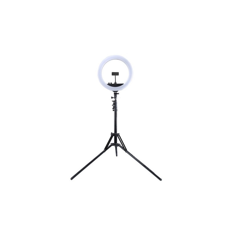 LED žiedinė lempa 34.5cm, su trikoju stovu iki 1.85m, veidrodžiu ir telefono laikikliu, USB