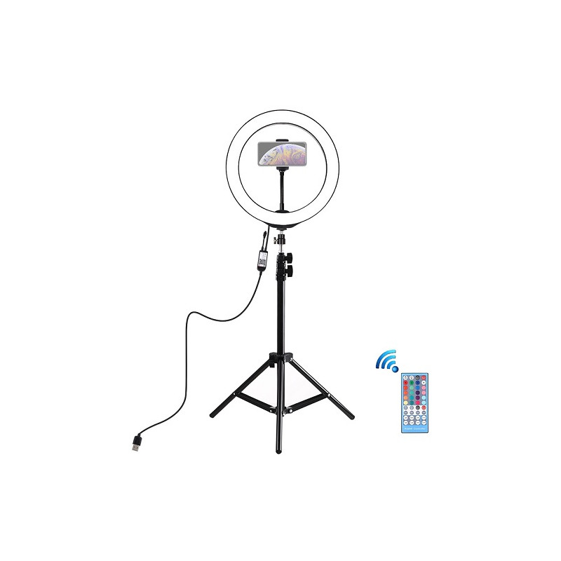 LED žiedinė lempa 26cm, su trikoju stovu iki 1.1m ir telefono laikikliu, USB