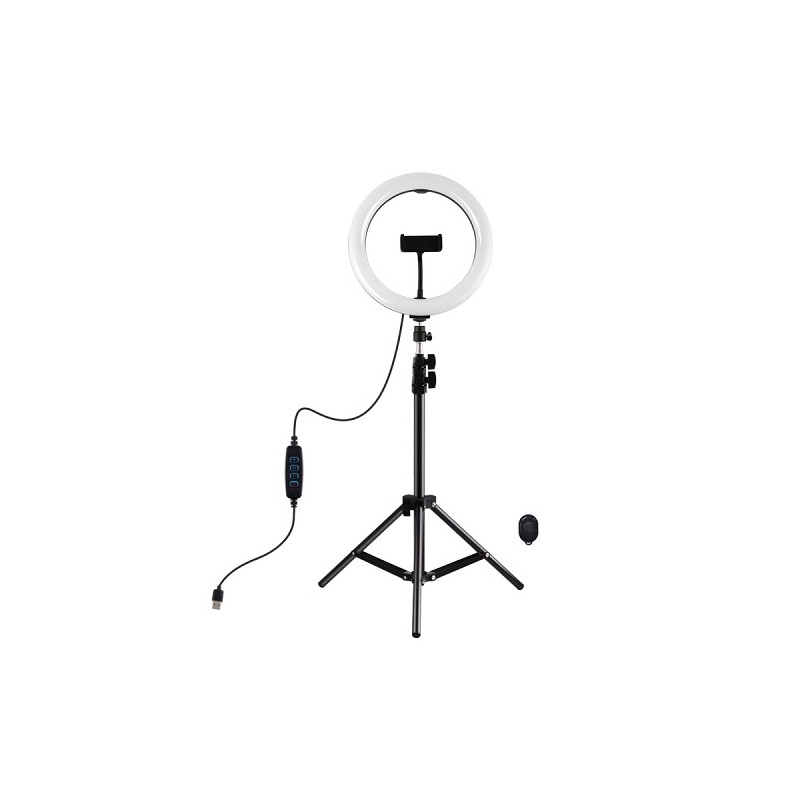 LED žiedinė lempa 26cm, su trikoju stovu iki 1.1m ir telefono laikikliu, USB