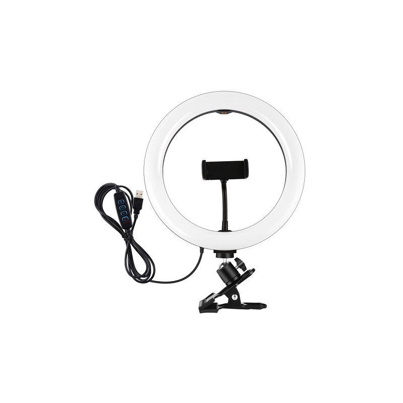 LED žiedinė lempa 26cm, su telefono laikikliu ir spaustuku, USB